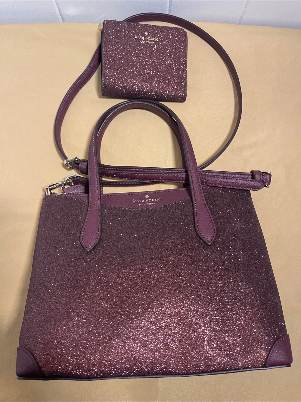 Kate Spade Sparkle Crossbody Bag in Deep Burgundy W/Matching Wallet